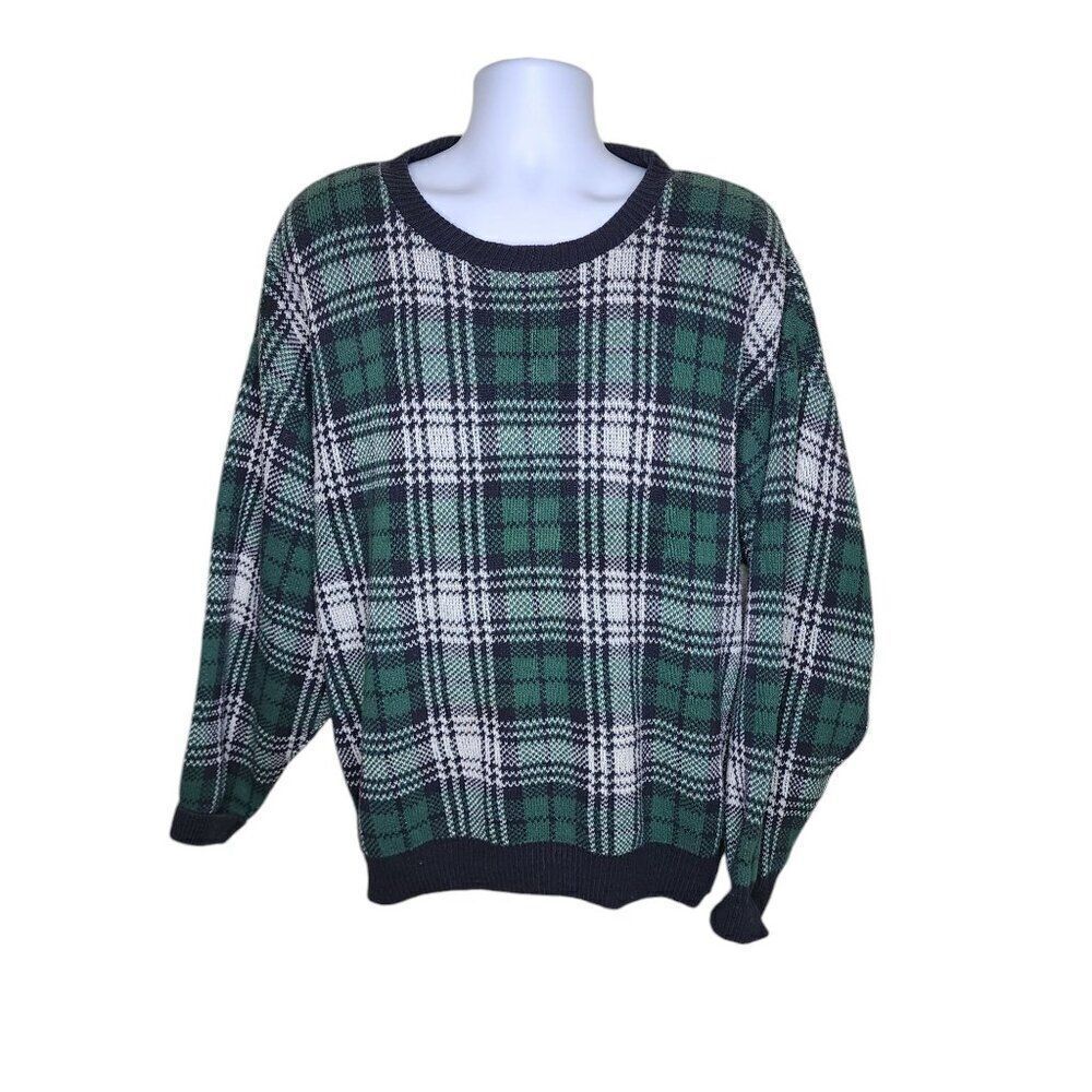 Vintage 80s Bill Blass Plaid Crew Neck Sweater Pullover Mens XL Blue Green